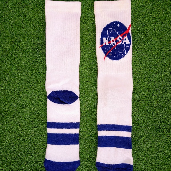 NASA Space Meatball Logo Crew Astronaut Blue & White Adult Large Socks New - Picture 1 of 1
